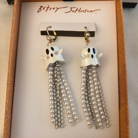 Betsey Johnson Gold Tone Just Treats Ghost Drop Earrings With Fringe NWT - Picture 3 of 10